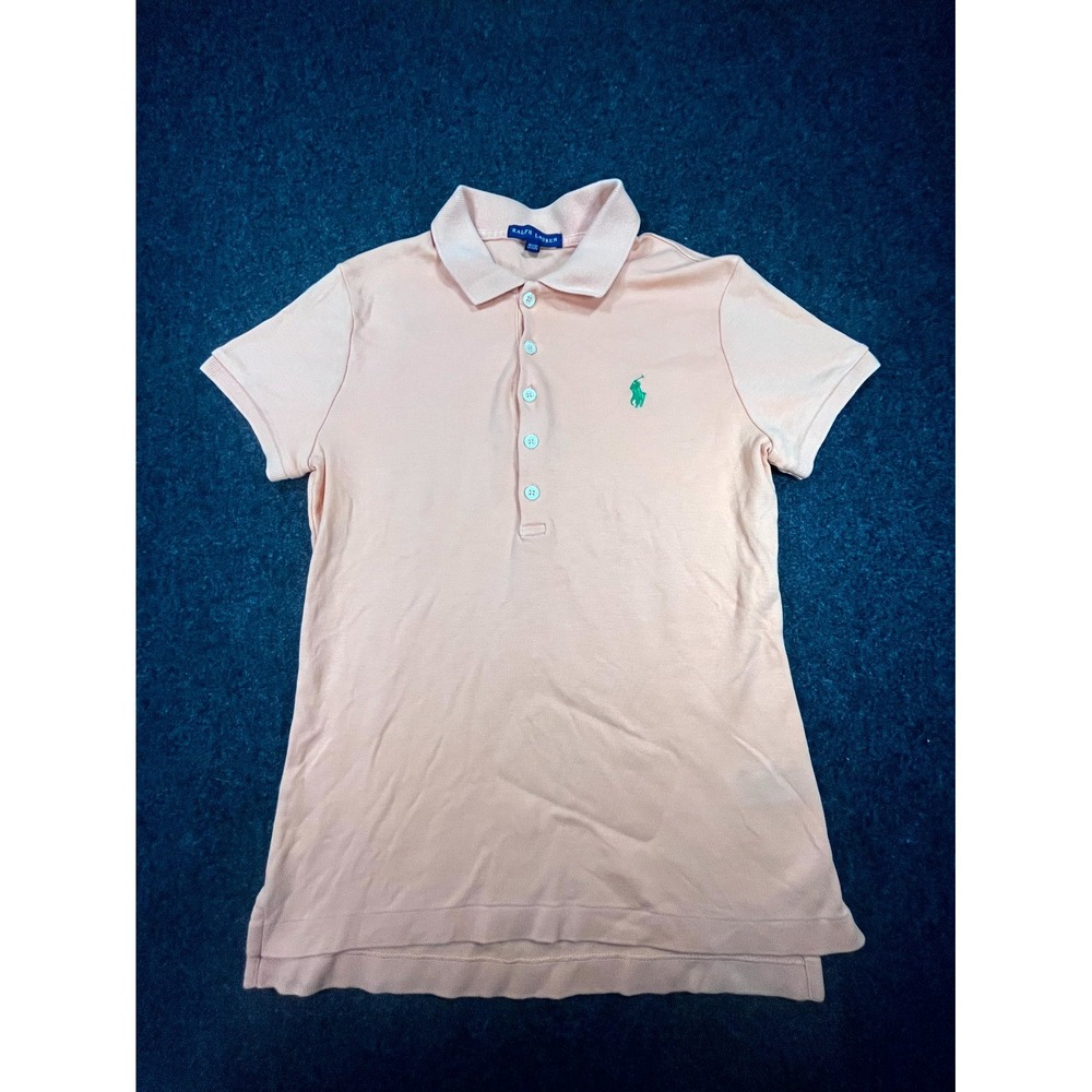 Ralph Lauren Polo Shirt Womens Medium Pink Pony Logo Hi Low Hem Short Sleeve